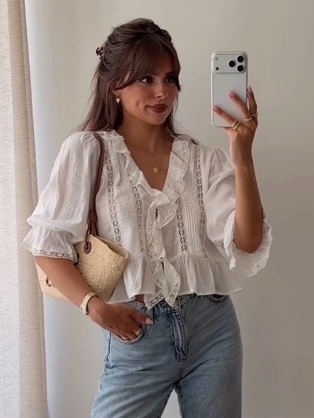 H&M lace-trimmed white blouse with ruffles and lace details